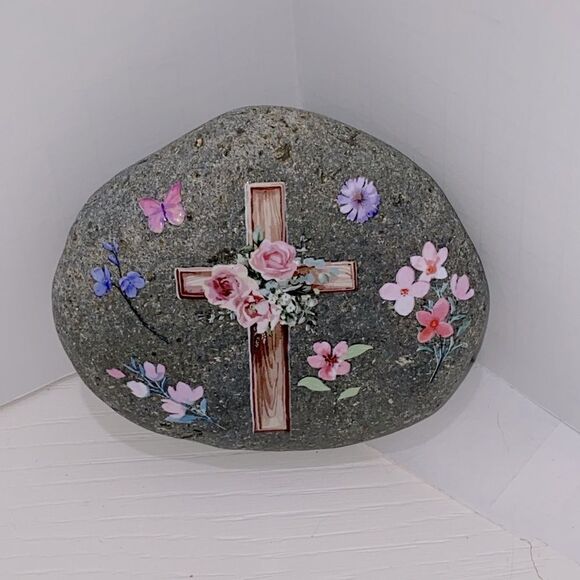 Floral Cross Decor on Stone Hand Crafted - Picture 2 of 5